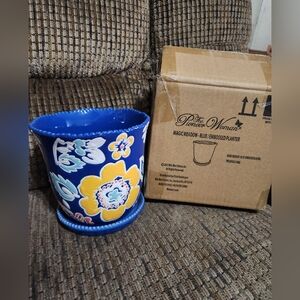 Pioneer Woman Embossed Planter Magic Meadow Blue 6" Ceramic Country Cottage Core